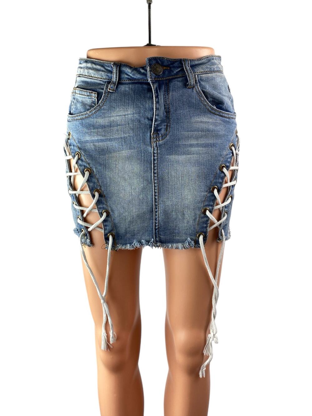 Machine Nouvelle Mode Blue Lace Up Distressed Frayed hem Mini Denim Skirt Sz 28